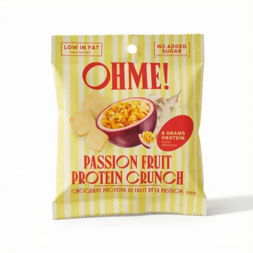 OHME! Foods Passion Fruit Protein Crunch 15g bag with tropical passion fruit snacks
