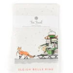 Merry Little Christmas Fox Tea Towel by Porchlight Press, 100% organic cotton, 29 x 19 inches, handmade in British Columbia, fox pulling a sled of gifts
