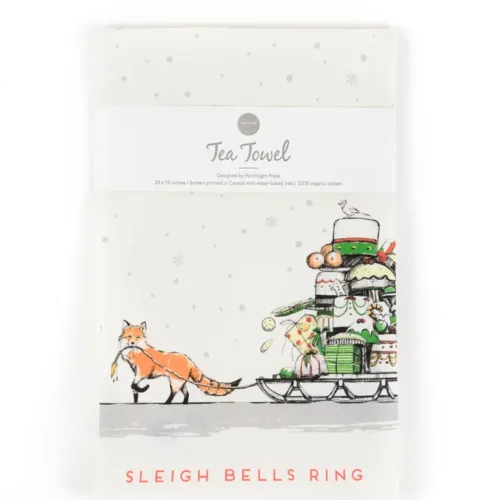 Torchons de cuisine Renard avec traîneau des Fêtes Porchlight Press Torchons de cuisine Renard Joyeux Petit Noël de Porchlight Press, 100 % coton biologique, 29 x 19 pouces, fabriqué à la main en Colombie-Britannique, renard tirant un traîneau de cadeaux