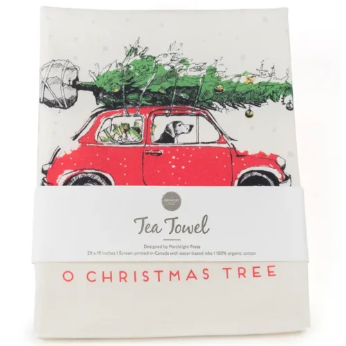 O Christmas Tree Tea Towel by Porchlight Press, 100% organic cotton, 29 x 19 inches, handmade in British Columbia, car with Christmas tree design