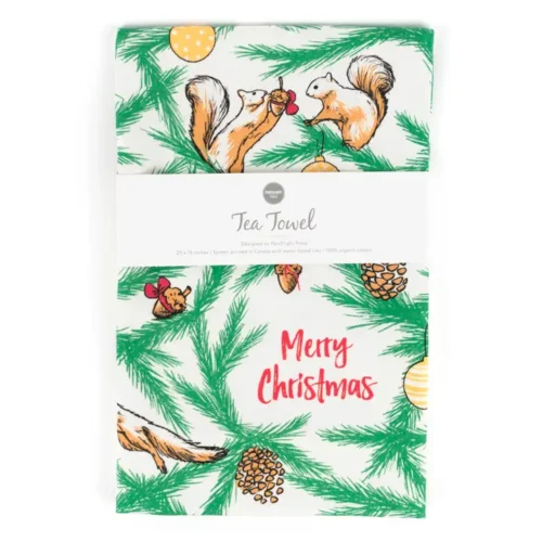 Squirrel Christmas Tea Towel by Porchlight Press, 100% organic cotton, 29 x 19 inches, handmade in British Columbia, squirrel holiday design